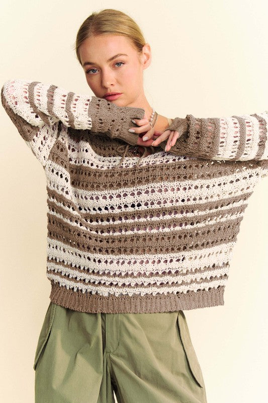 Davi & Dani Contrast Striped Crochet Tie Ribbon Loose Fit Knit Sweater | Taupe