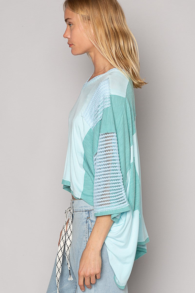 POL Boho Oversized High-Low Hem Contrast V-Neck 3/4 Sleeves Pullover Top