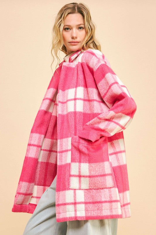 Davi & Dani Checker Plaid Pocket Drop Shoulder Open Front Coat Jacket | Hot Pink