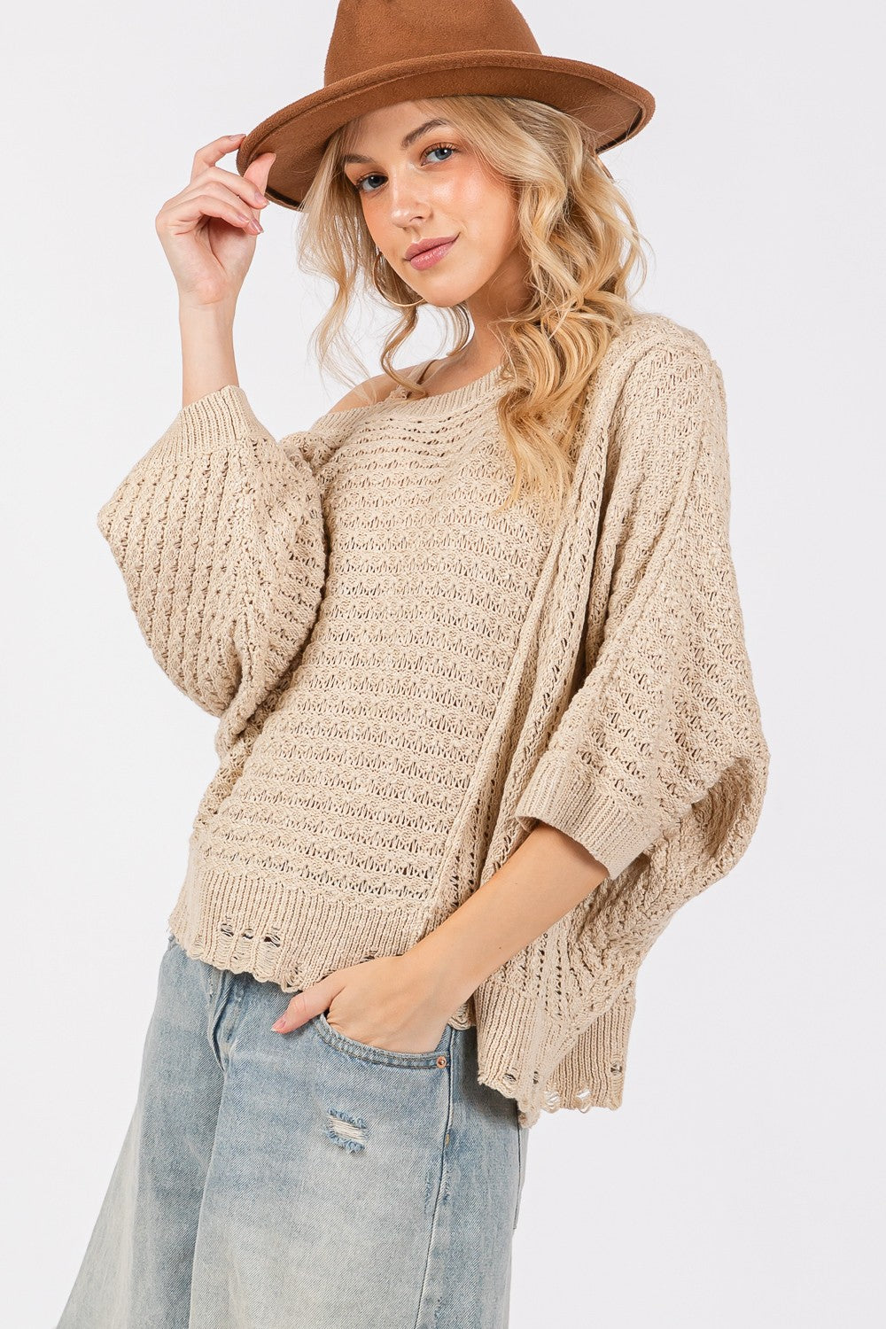 SAGE + FIG Distressed Asymmetrical Open Stitch Long Sleeves Sweater | Mushroom