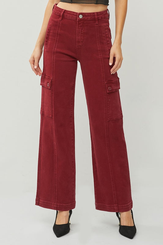 RISEN High Rise Cargo Pockets Zipper Fly Stretchy Wide Leg Denim Jeans | Wine