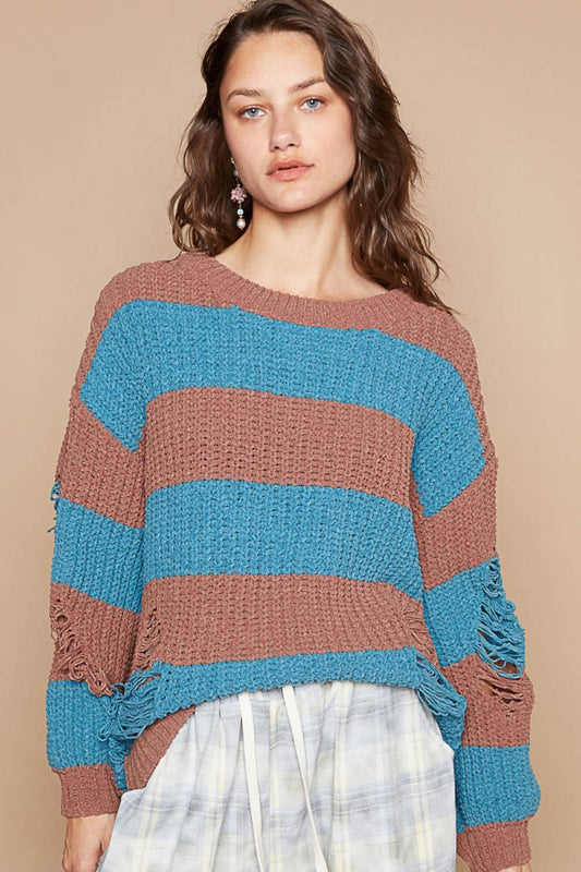 POL Striped Pattern Distressed Balloon Sleeves Pullover Sweater | Choco/Teal