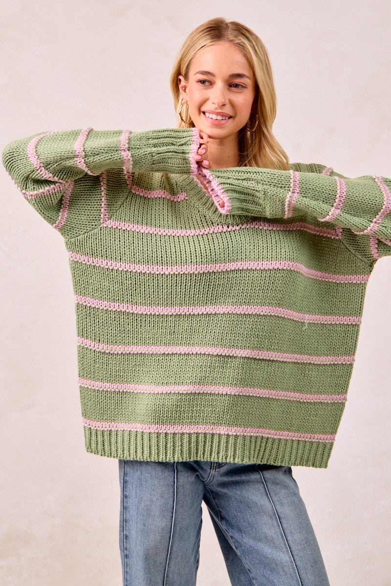 BiBi Striped Pattern Long Sleeves Oversized Ribbed Pullover Sweater | Marsala