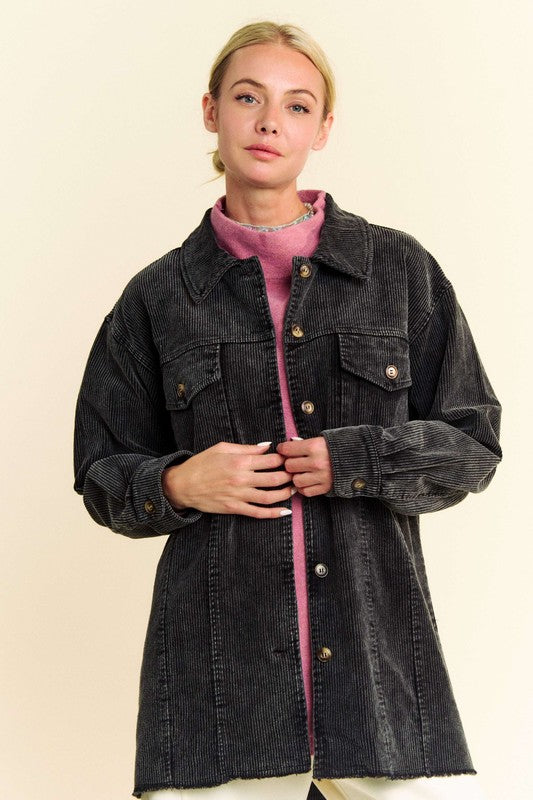 Davi & Dani Washed Corduroy Raw Hem Button Up Relaxed Fit Retro Shacket | Black