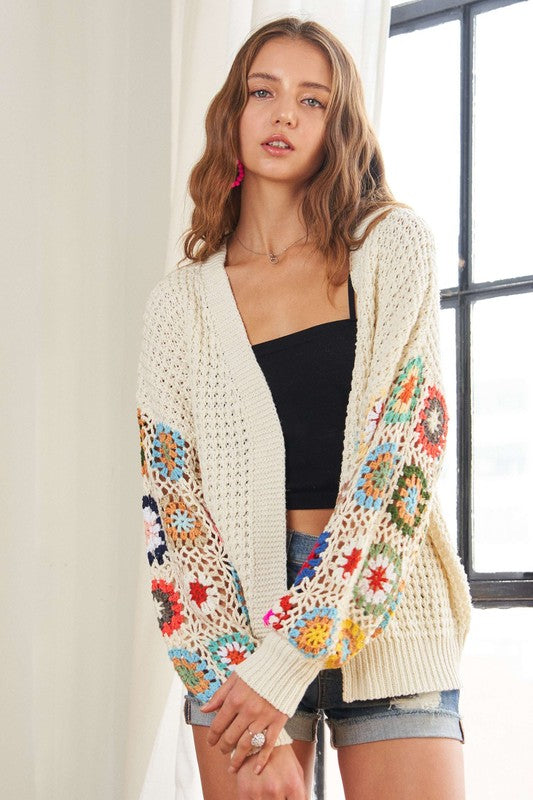 ADORA Contrast Crochet Open Front Long Sleeves Ribbed Sweater Cardigan | Ivory