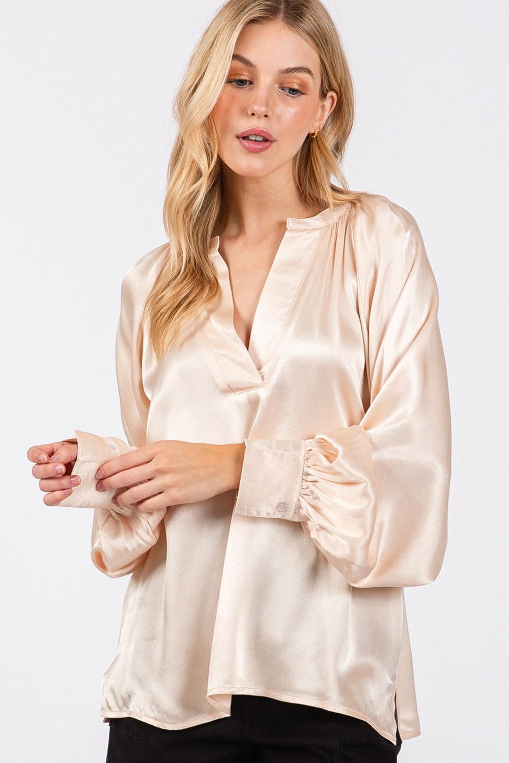 SAGE + FIG Viscose Split Neck Raglan Long Sleeves Relaxed Fit Blouse | Champagne