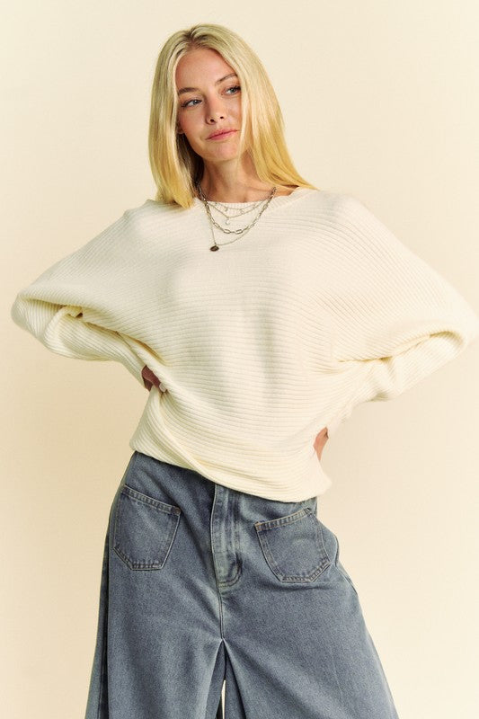 Davi & Dani Round Neck Batwing Sleeves Ribbed Knit Pullover Sweater | Cream