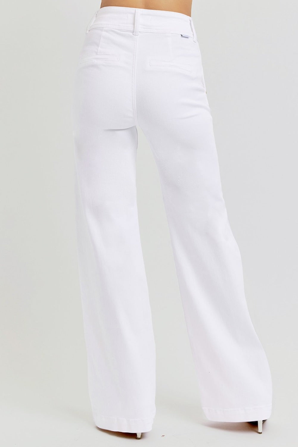 RISEN Tummy Control High Rise Double Button Wide Leg White Denim Jeans