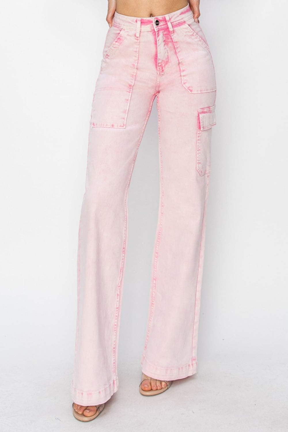 RISEN High Rise Cargo Pockets Zipper Fly Acid Pink Wide Leg Jeans