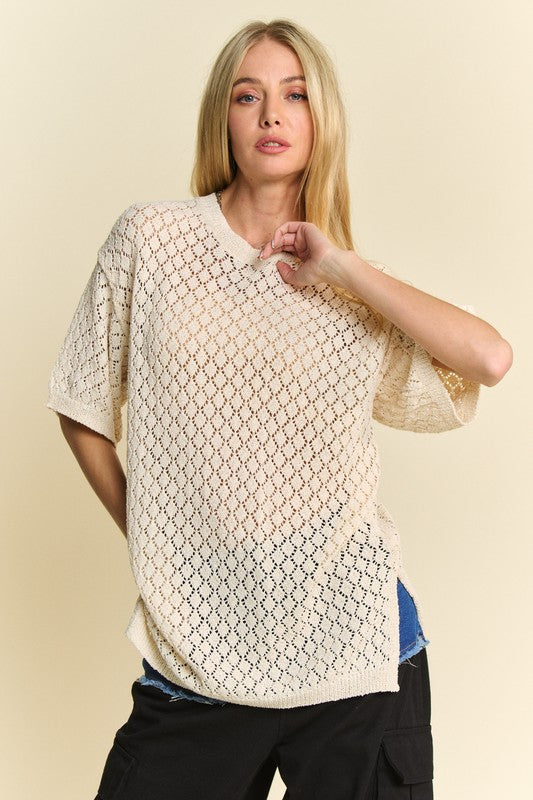 Davi & Dani Side Slit Openwork Round Neck Half Sleeves Knit Cover Up Top | Cream