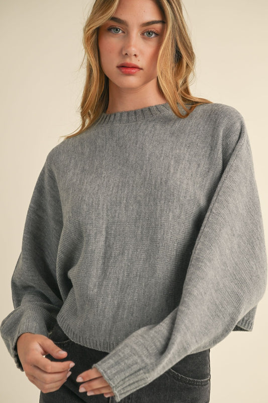 MABLE Round Neck Dolman Sleeves Relaxed Fit Cropped Pullover Sweater | H Grey