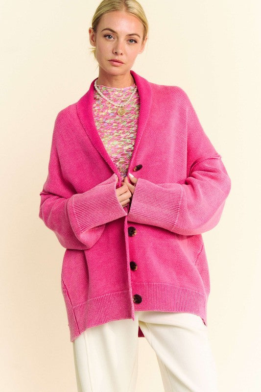 Davi & Dani Shawl Collar Ribbed Trim Button Up Knit Sweater Cardigan | Hot Pink