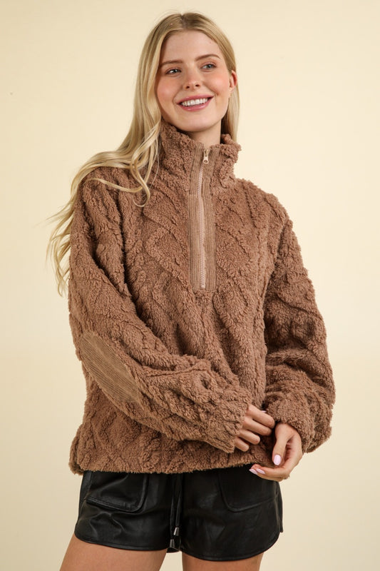 VERY J Fuzzy Half Zip Up Mock Neck Fleece Cozy Cable Knit Sweatshirt | Mocha