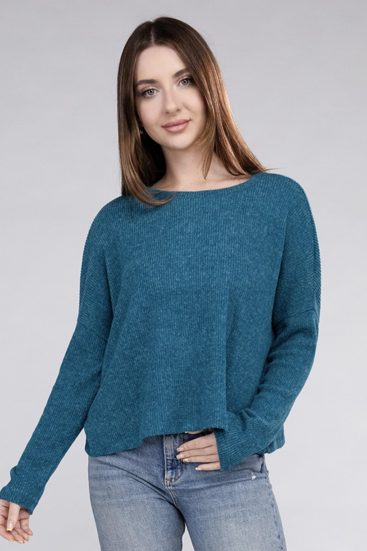 ZENANA Ribbed Dolman Long Sleeves Round Neck Sweater