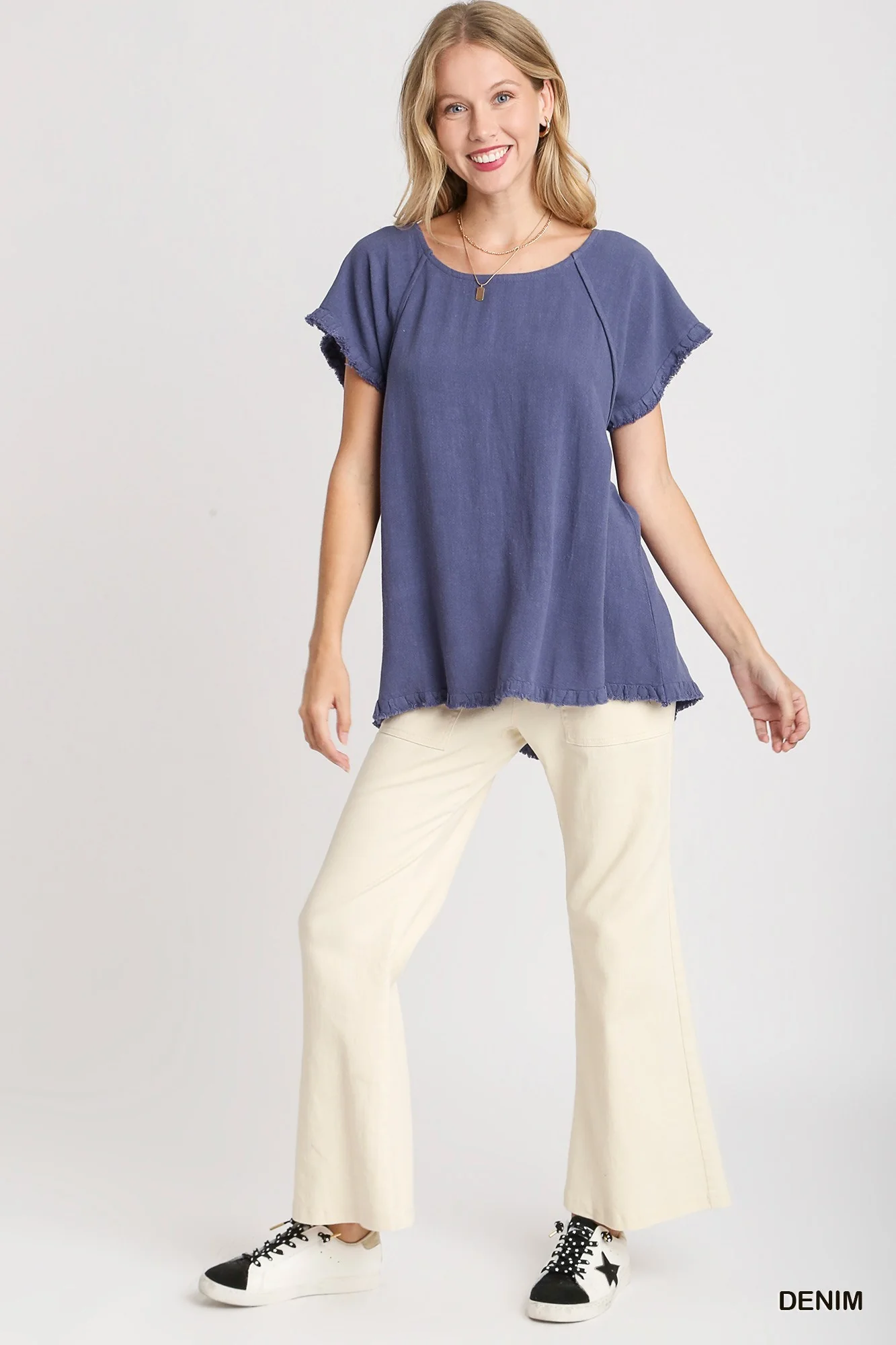 Umgee Full Size Seam Detail Linen Ruffle Fringe Edge Top Plus Size | Dusty Blue