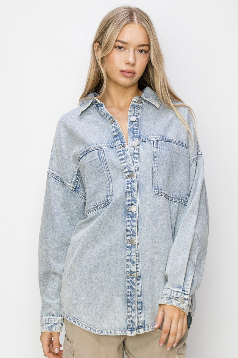 RISEN Oversized Button Up Long Sleeves Chest Pockets Light Wash Shacket