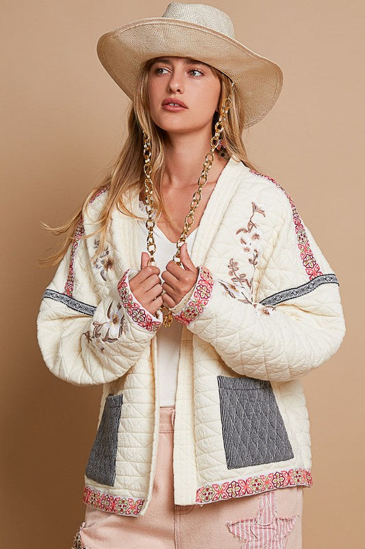 POL Vintage Washed Embroidered Open Front Long Sleeves Quilted Jacket | Cream