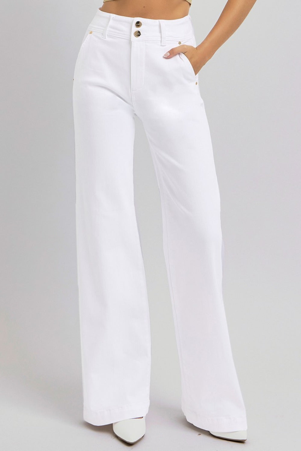 RISEN Tummy Control High Rise Double Button Wide Leg White Denim Jeans