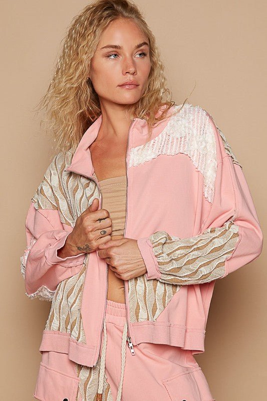 POL Applique Patchwork Zip Up Jacket | Watermelon Pink