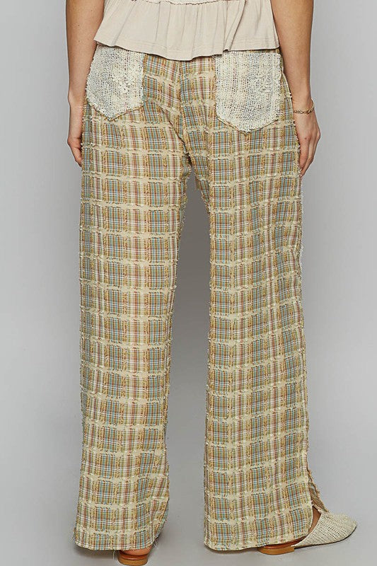 POL Lace Trim Drawstring Checkered Pattern Roomy Fit Wide Leg Pants | Sage