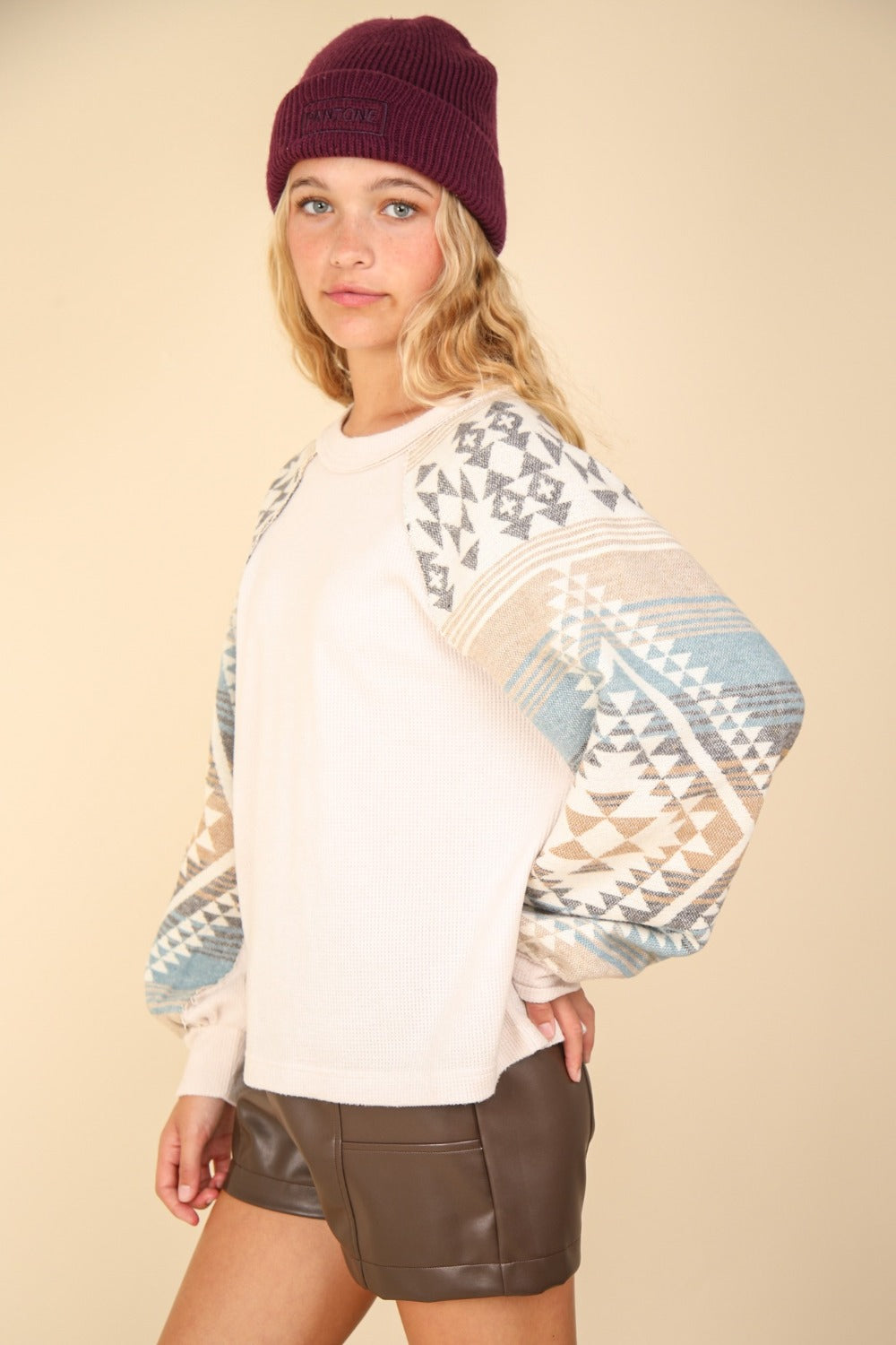 VERY J Aztec Printed Long Sleeves Round Neck Oversized Cozy Knit Top | Cream