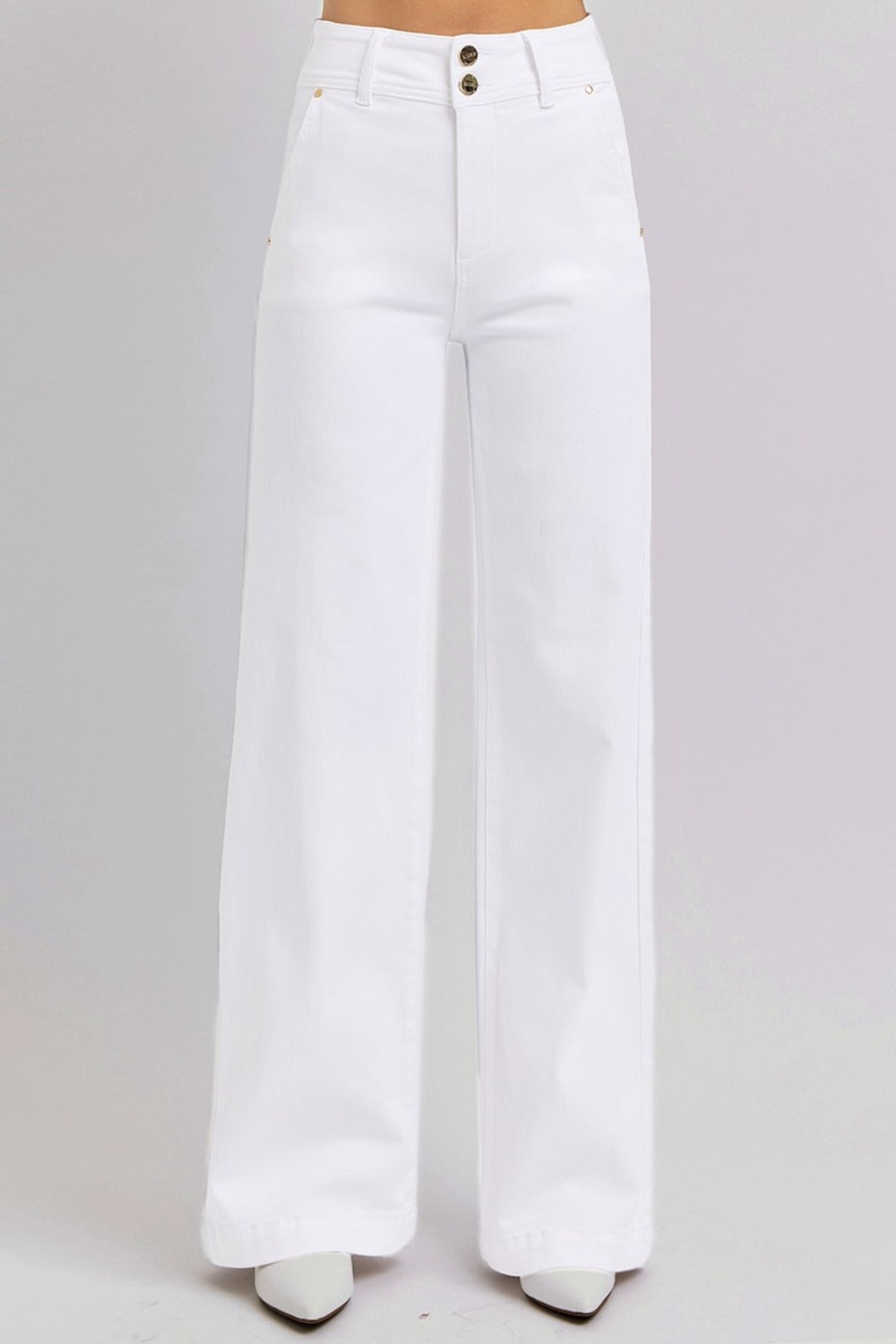 RISEN Tummy Control High Rise Double Button Wide Leg White Denim Jeans