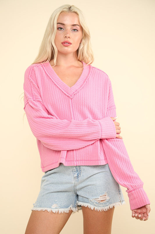 VERY J Exposed Seam V-Neck Long Sleeves Relaxed Fit Soft Ribbed Knit Top | Pink