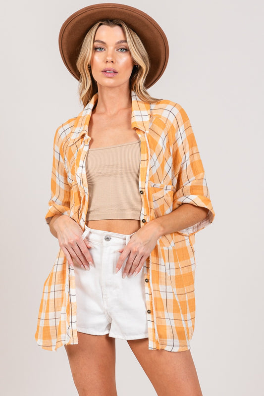 SAGE + FIG Plaid Pattern Button Up Side Slit Pockets Relaxed Fit Shirt | Apricot