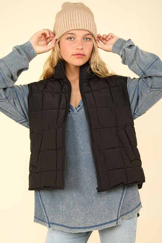 VERY J Zip Up High Neck Side Pockets Solid Puffer Padded Warm Vest | Black