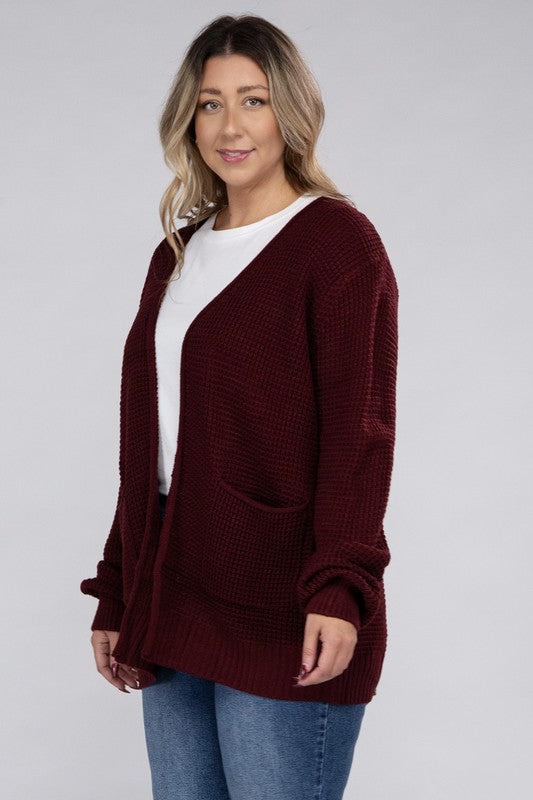 ZENANA Plus Low Gauge Waffle Oversized Open Front Sweater Cardigan