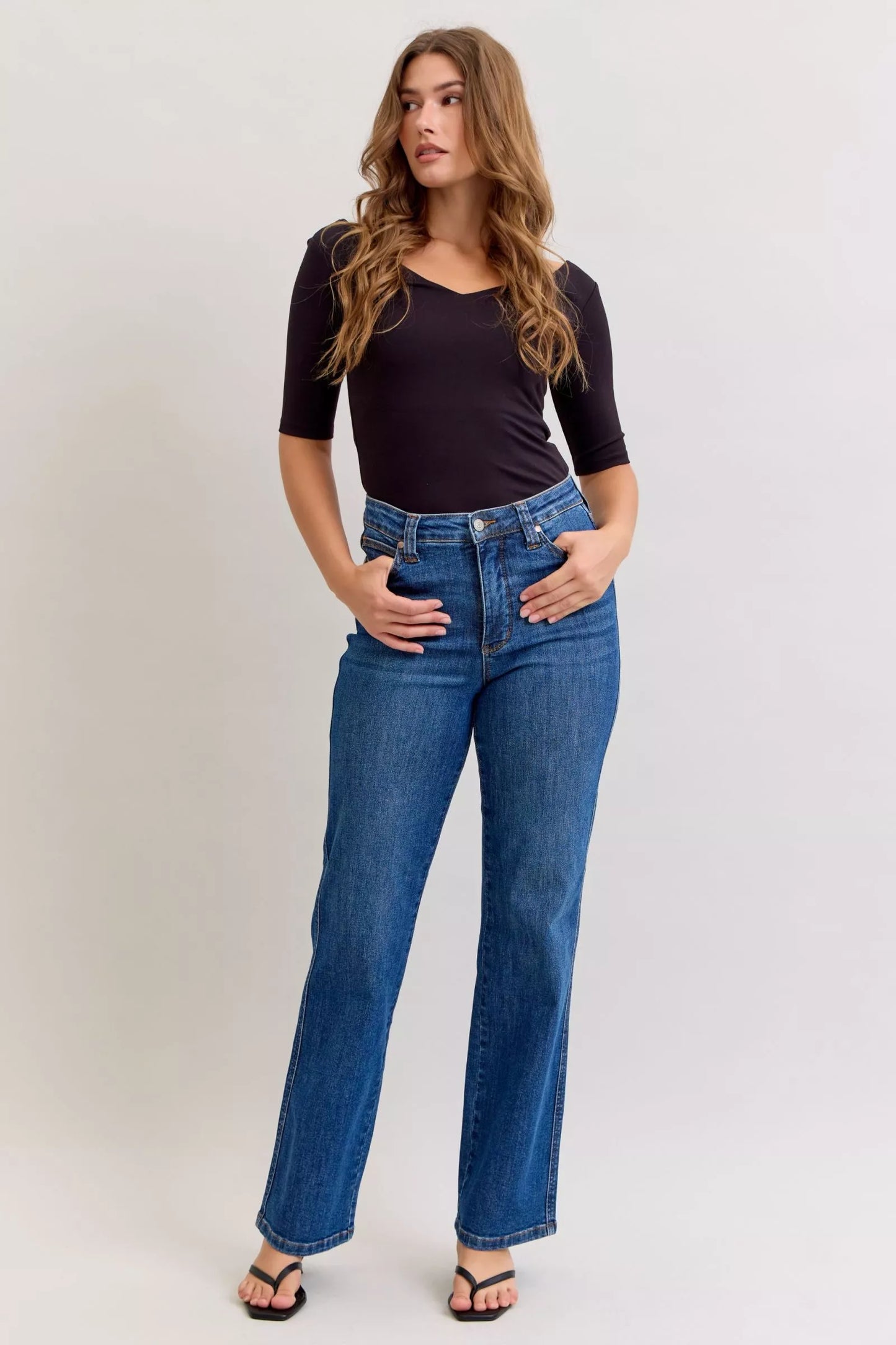 Judy Blue High Rise Waist Tummy Control Zip Fly Medium Wash Straight Denim Jeans