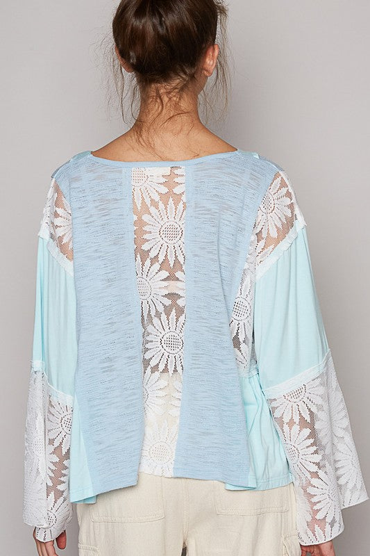 POL Floral Lace Details V-Neck Long Flare Sleeves Relaxed Fit Blouse | Blue