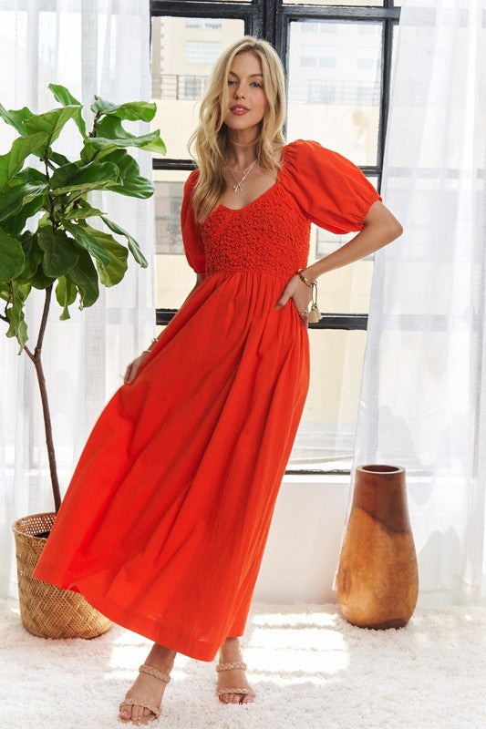 ADORA Popcorn Smocked Detail Short Puff Sleeves Lovely Maxi Dress | Orange