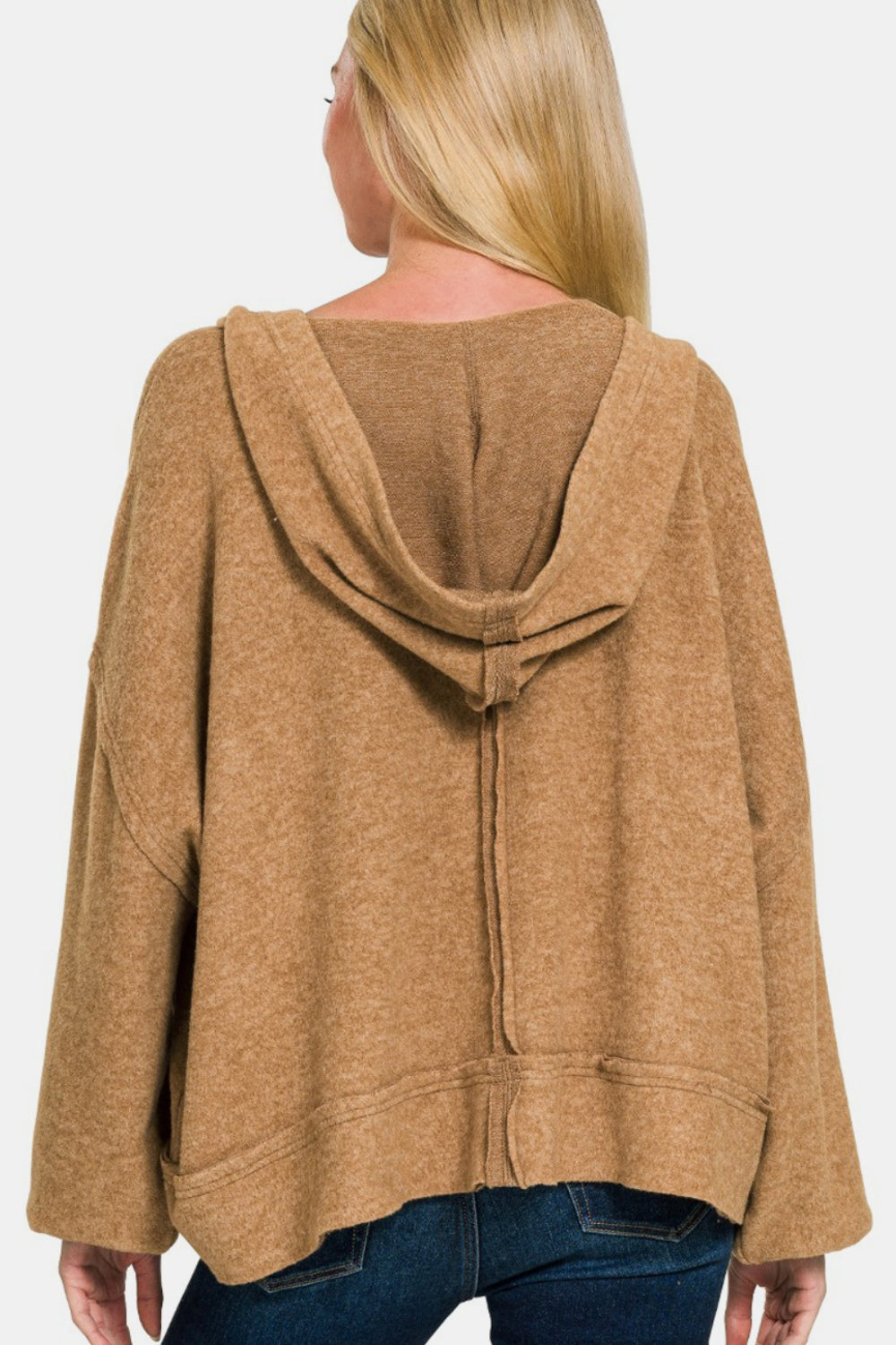 ZENANA Brushed Hacci Exposed Seam Balloon Sleeves Hoodie Sweatshirt | Deep Camel