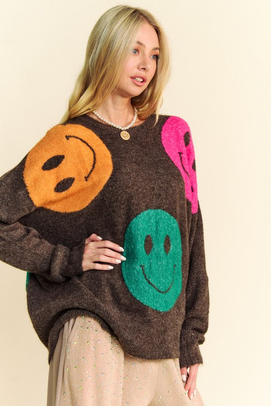 Davi & Dani Contrast Smile Round Neck Oversized Pullover Sweater | Dark Brown