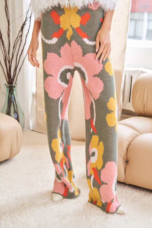 Davi & Dani Flower Printed Casual Cozy Full Long Wide Pants