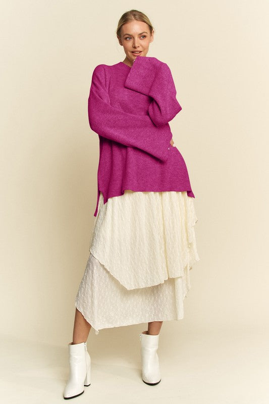 Davi & Dani High-Low Crew Neck Voluminous Sleeves Pullover Sweater | Purple