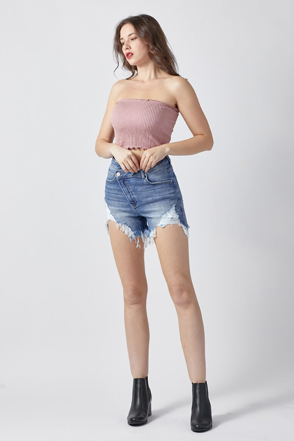 RISEN High Rise Raw Hem Asymmetrical Waist Zipper Fly Denim Shorts | Medium Wash