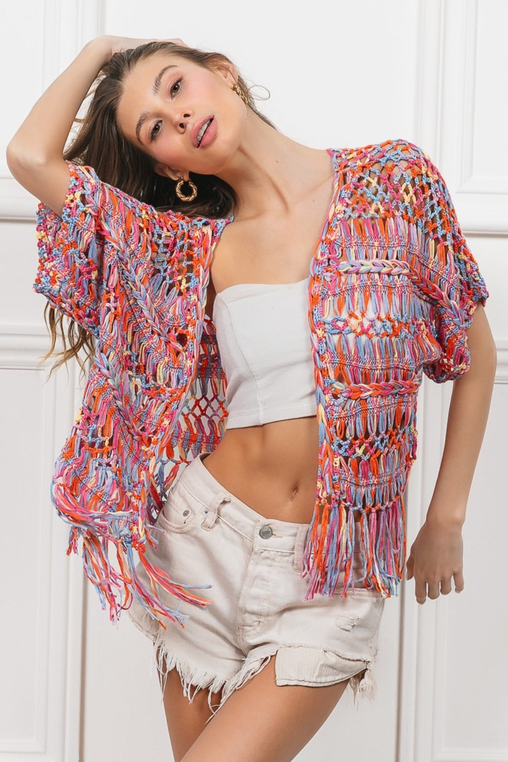 BiBi Open Front Fringed Short Sleeves Crop Knit Cardigan | Burnt Orange