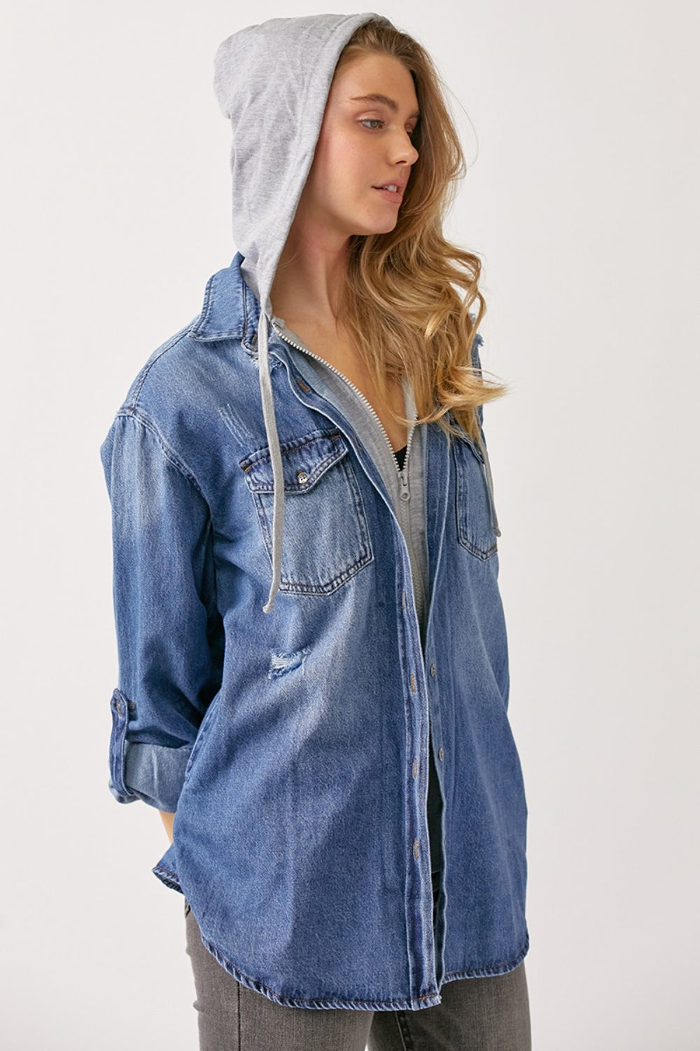 RISEN Oversized Long Sleeves Zip Up Pockets Dark Wash Hooded Denim Shirt