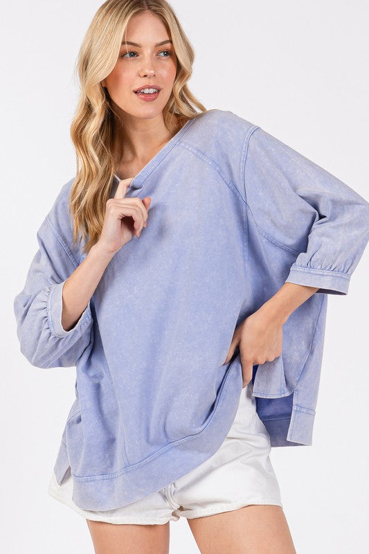 SAGE + FIG Mineral Washed Side Slit Round Neck Relaxed Fit Sweatshirt | Blue