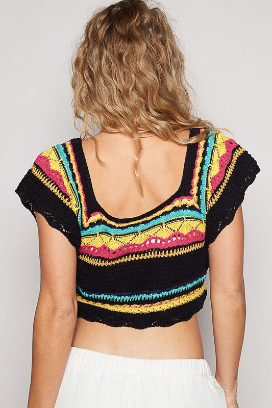 POL Openwork Ethnic Pattern Square Neck Color Block Cropped Knit Top | Oatmeal