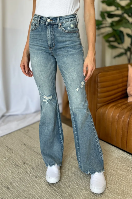 Judy Blue Mid Rise Tummy Control Destroy Raw Hem Medium Wash Flare Denim Jeans