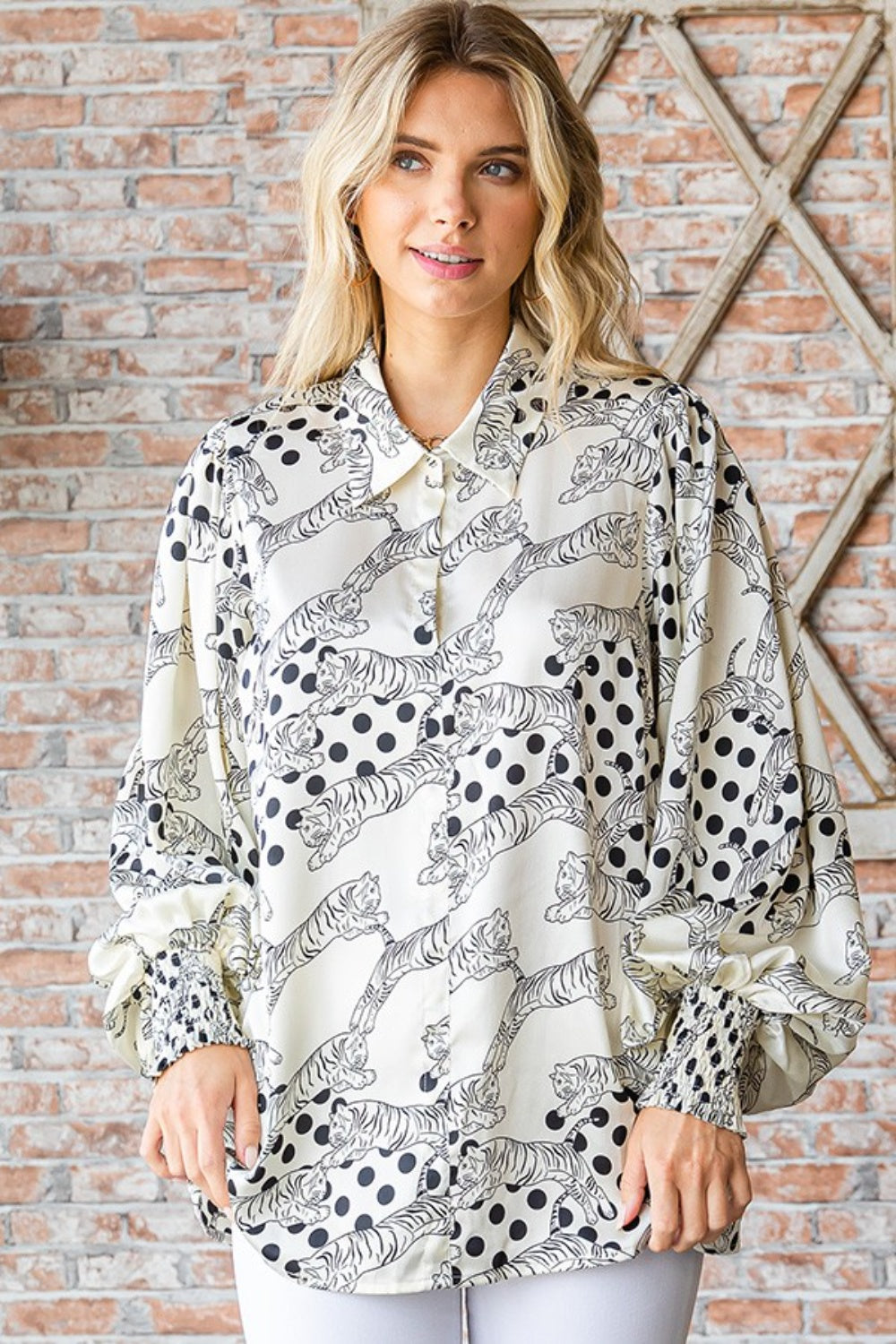 First Love Tiger Print Collared Neck Long Sleeves Loose Fit Satin Shirt | Ivory