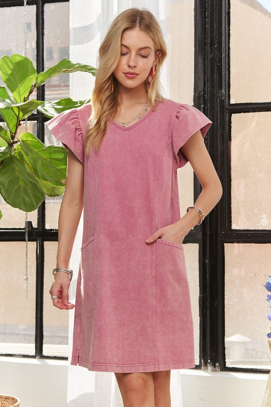 ADORA Mineral Washed V-Neck Ruffled Cap Sleeve Dress | Mauve