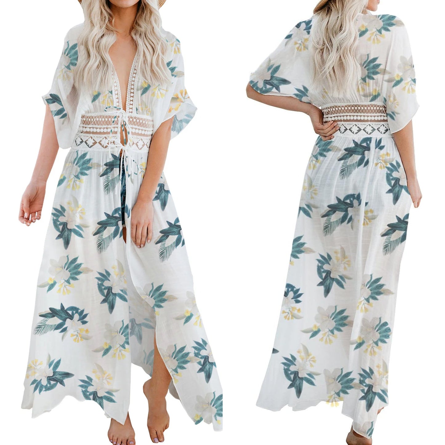 Chiffon Floral Print Lace Trim Cover Up Longline Beachwear | Size XL