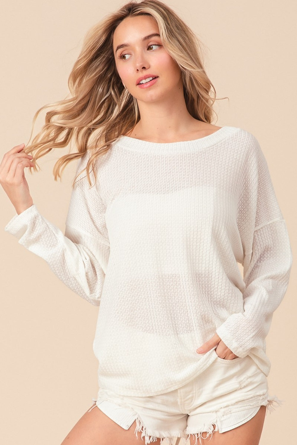 BiBi Waffled Backless Drawstring Long Sleeves T-Shirt