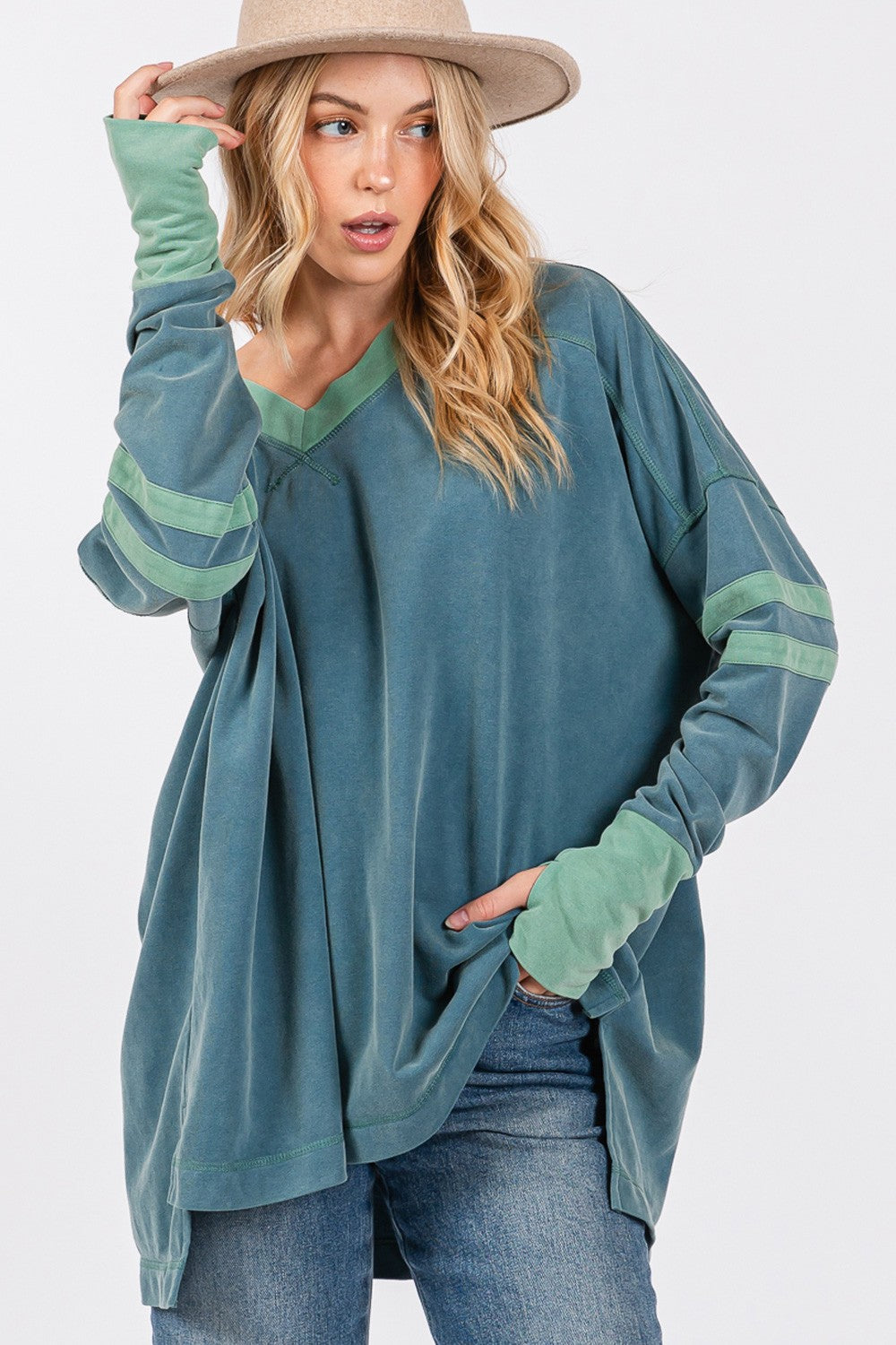 SAGE + FIG Mineral Wash Side Slit Contrast V-Neck Oversized T-Shirt | Teal