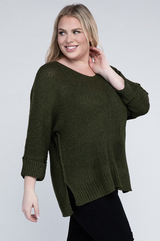 ee:some Plus Size Crew Neck Side Slits Long Sleeves Knit Sweater