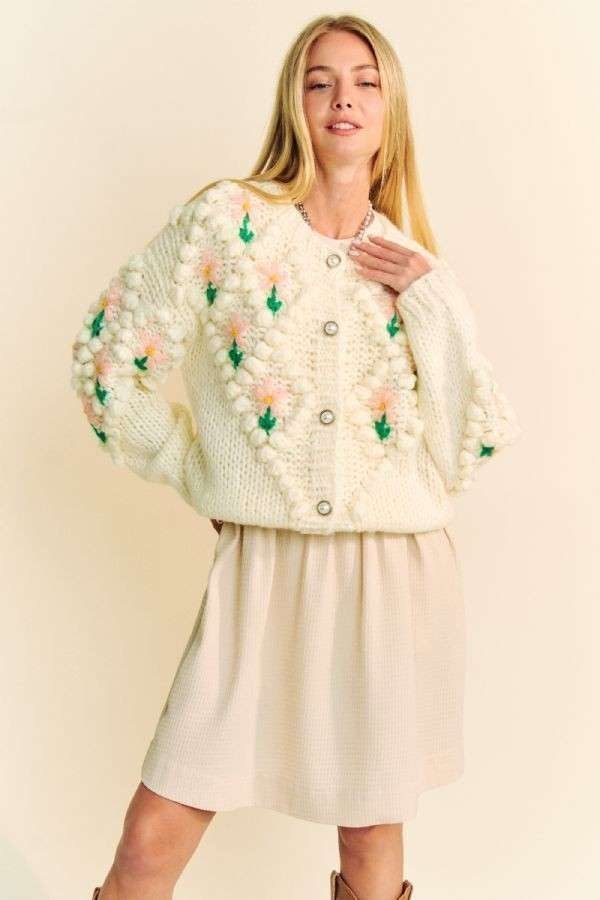 Davi & Dani Embellishments Floral Pattern Button Up Chunky Knit Cardigan | Cream